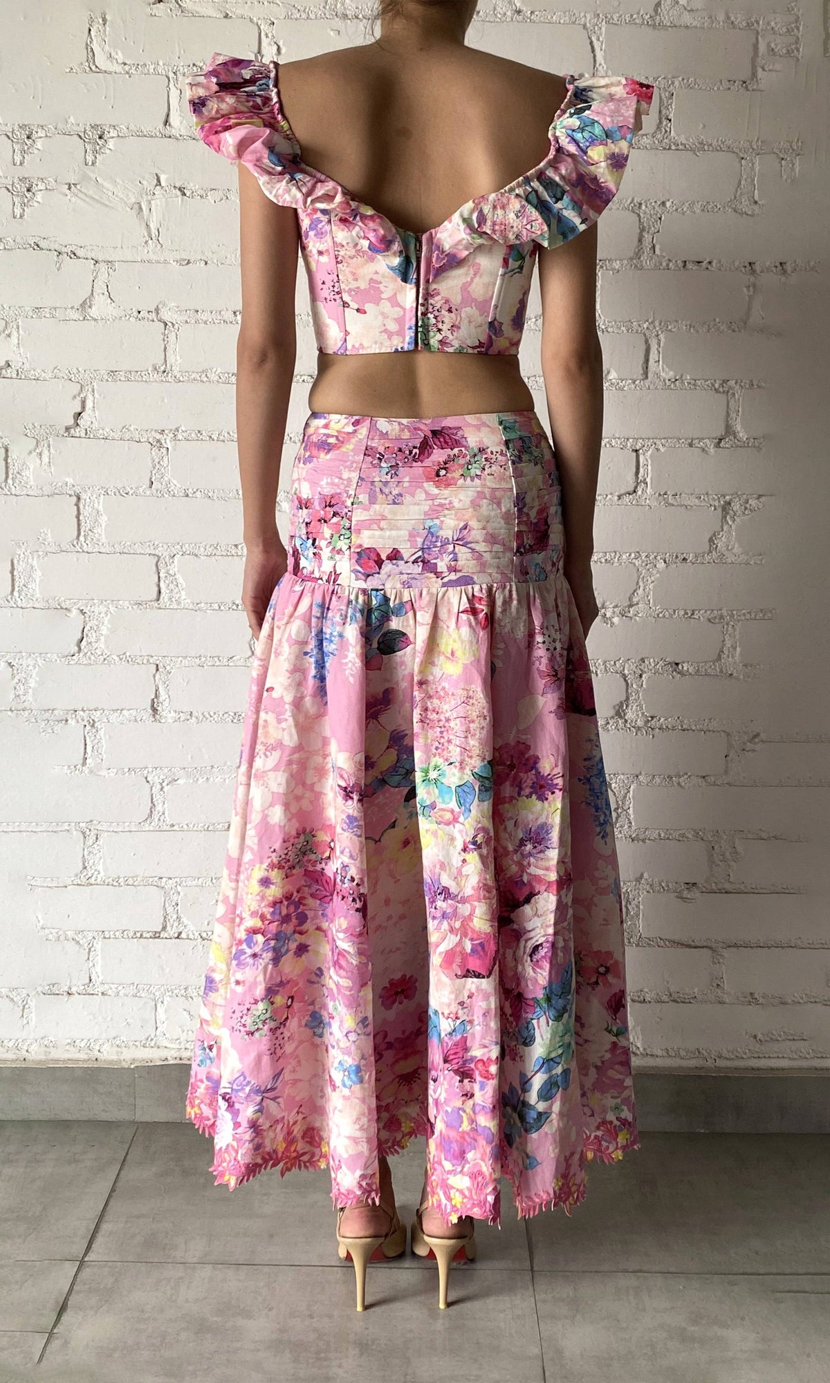 Hemant And Nandita | April Linen Cotton Long Skirt | Pink Floral