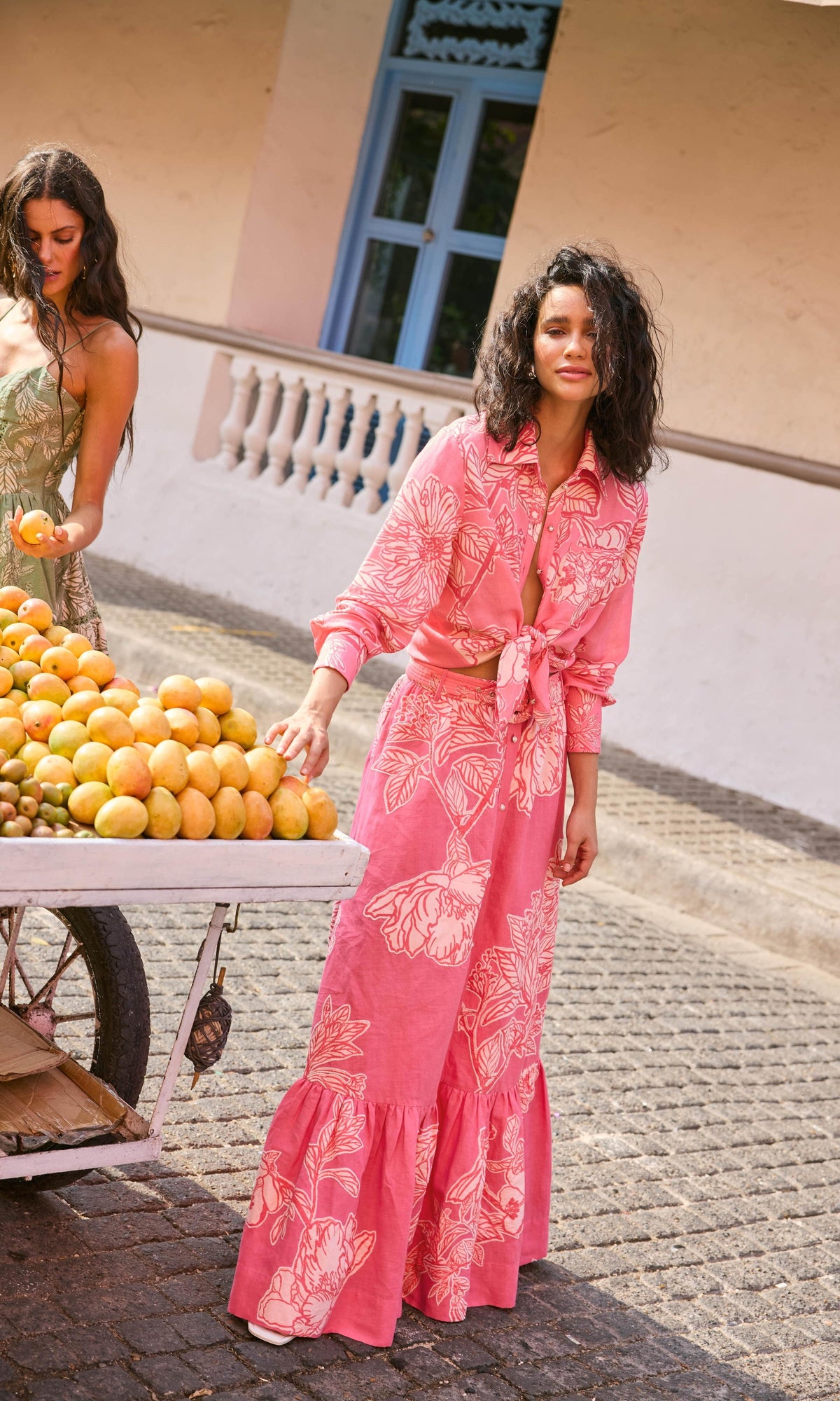 Womens | Asha Linen Cotton Long Skirt With Buckle Belt | Pink Floral