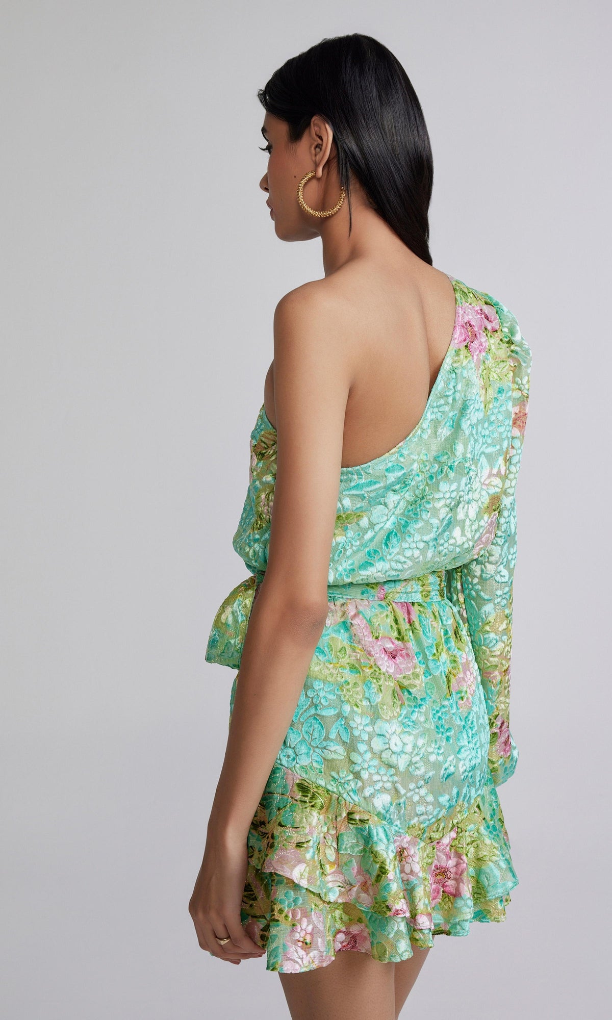 Hemant And Nandita | Azra Viscose Nylon Lurex Brasso Short Dress With Belt | Teal Floral
