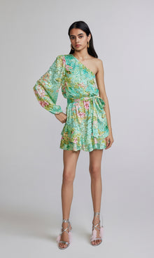 Hemant And Nandita | Azra Viscose Nylon Lurex Brasso Short Dress With Belt | Teal Floral
