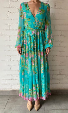 Hemant And Nandita | Azra Viscose Crinkle Chiffon Long Dress | Teal Floral