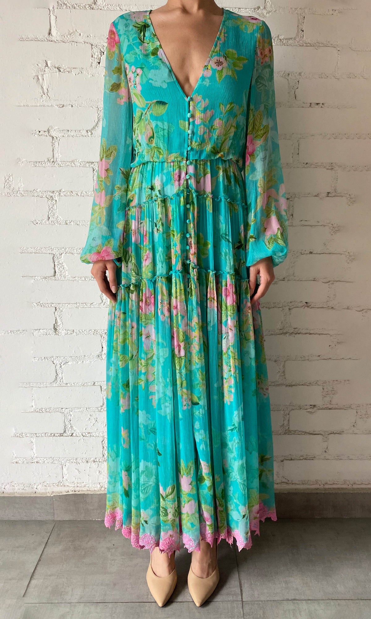 Hemant And Nandita | Azra Viscose Crinkle Chiffon Long Dress | Teal Floral