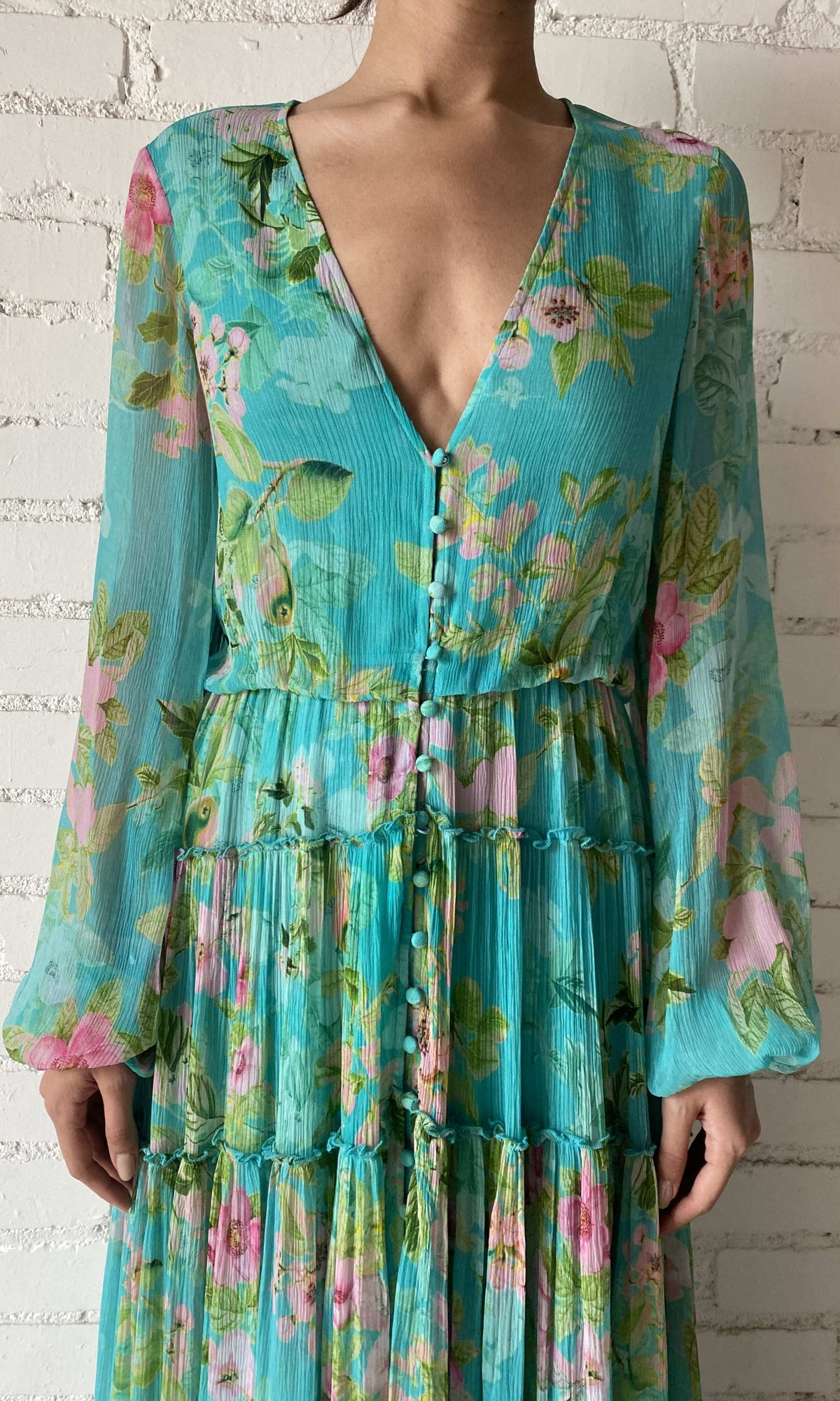Hemant And Nandita | Azra Viscose Crinkle Chiffon Long Dress | Teal Floral