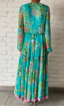 Hemant And Nandita | Azra Viscose Crinkle Chiffon Long Dress | Teal Floral