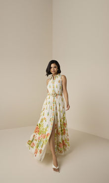 Womens | Dhun Cotton Schiffly Long Shirt Dress With Buckle Belt | Multi