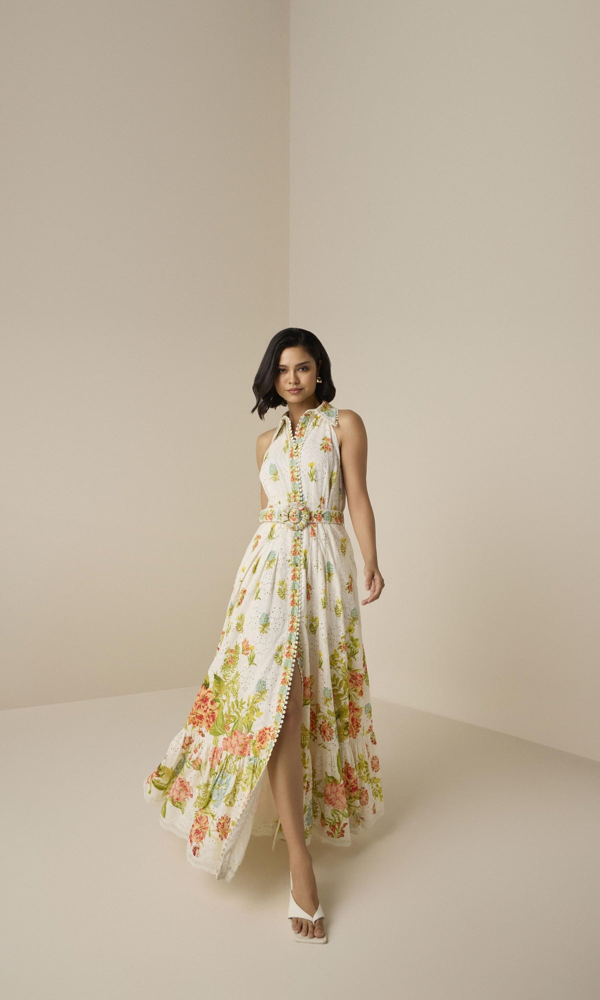 Womens | Dhun Cotton Schiffly Long Shirt Dress With Buckle Belt | Multi