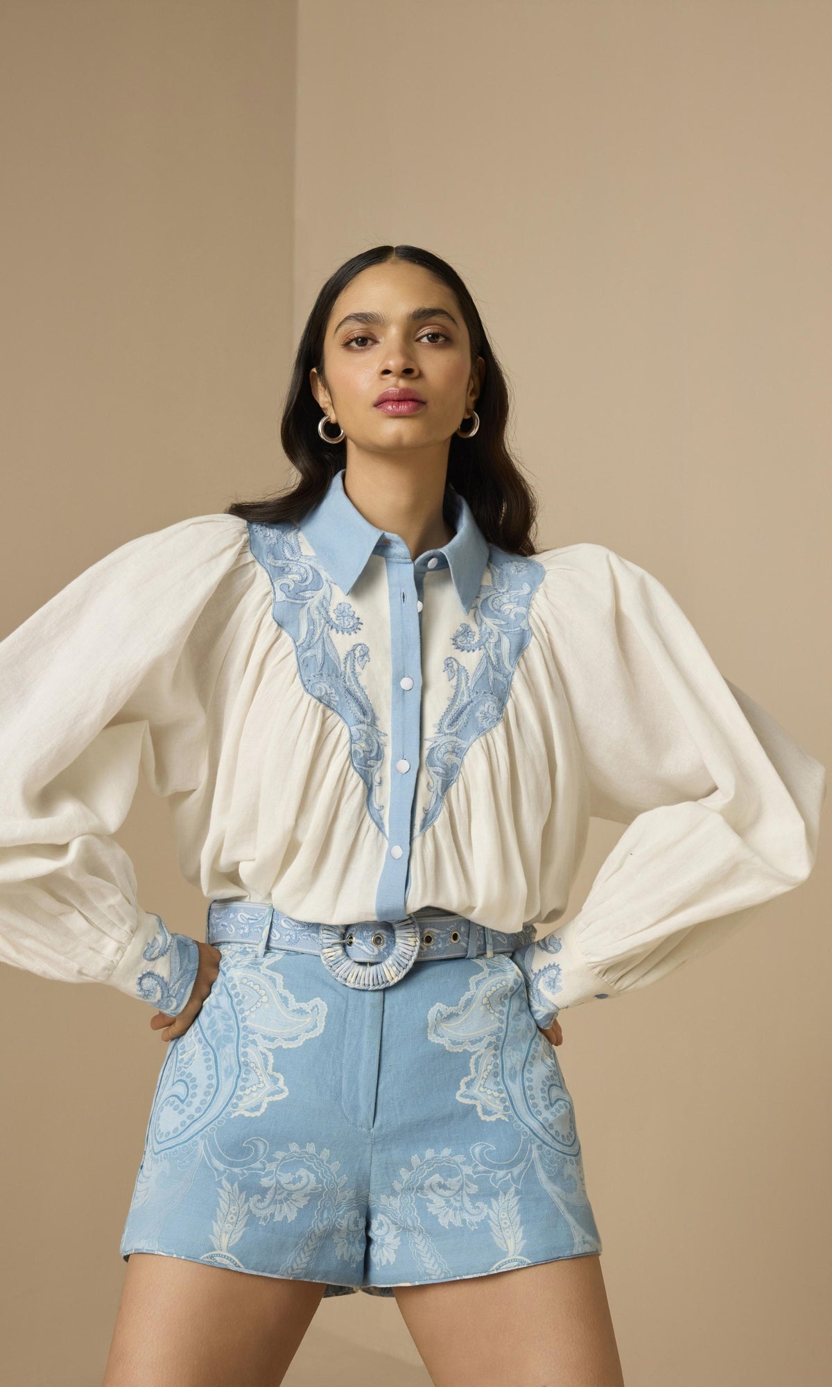 Womens | Fiza Cotton Yoke Shirt | Blue Ivory