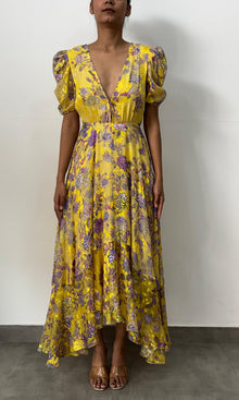Hemant And Nandita | Inv Valvet Lurex Strips Long Dress With Puff Sleeeve | Yellow Floral