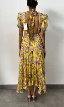 Hemant And Nandita | Inv Valvet Lurex Strips Long Dress With Puff Sleeeve | Yellow Floral