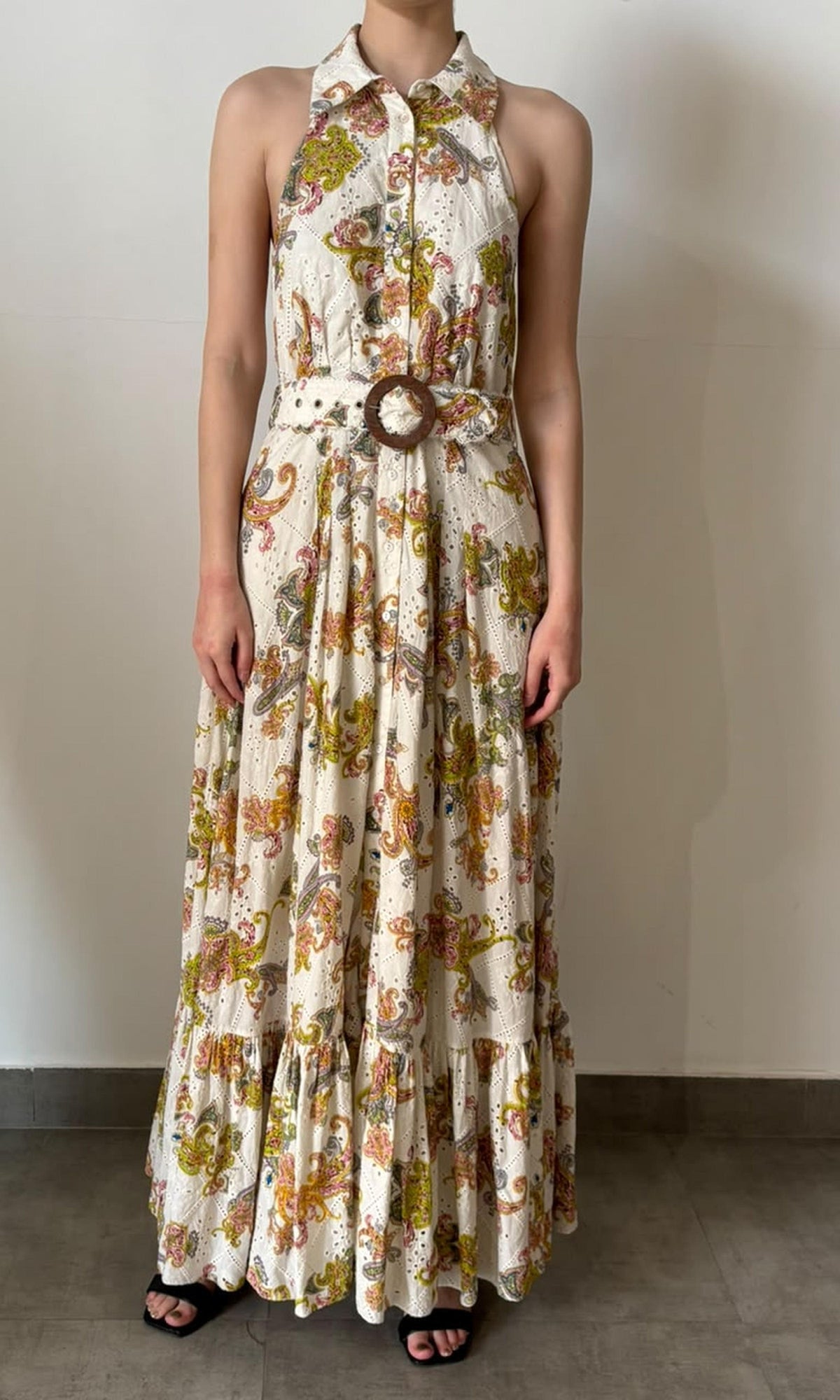 Hemant And Nandita | Inv Cotton Schiffly Long Dress With Buckle Belt | White