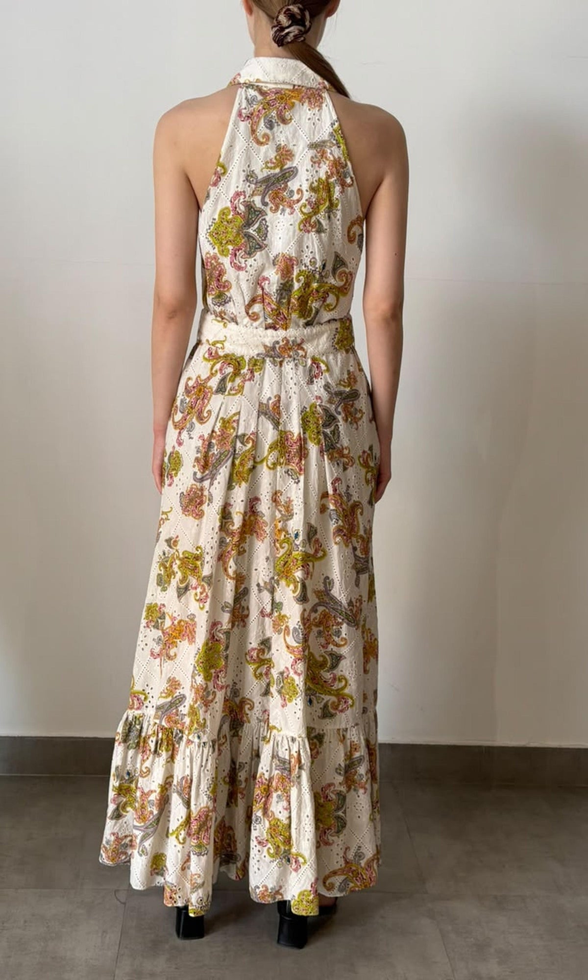 Hemant And Nandita | Inv Cotton Schiffly Long Dress With Buckle Belt | White