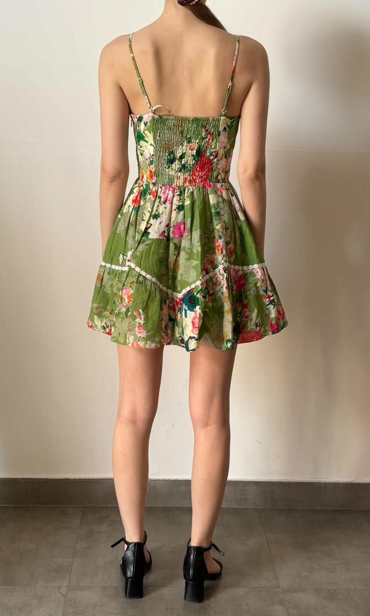 Hemant And Nandita | Inv Linen Cotton Spaghetti Strap Short Dress | Green Floral