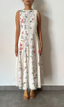 Hemant And Nandita | Inv Cotton Schiffly Sleevesless Long Dress | White Floral