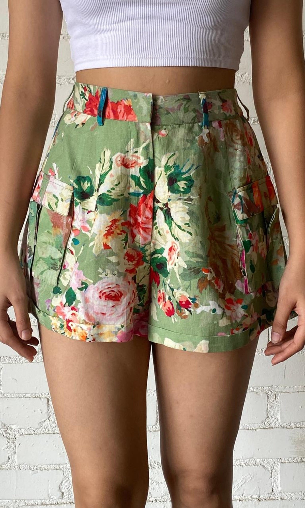 Womens | Inv Cotton Linen Shorts | Green Print