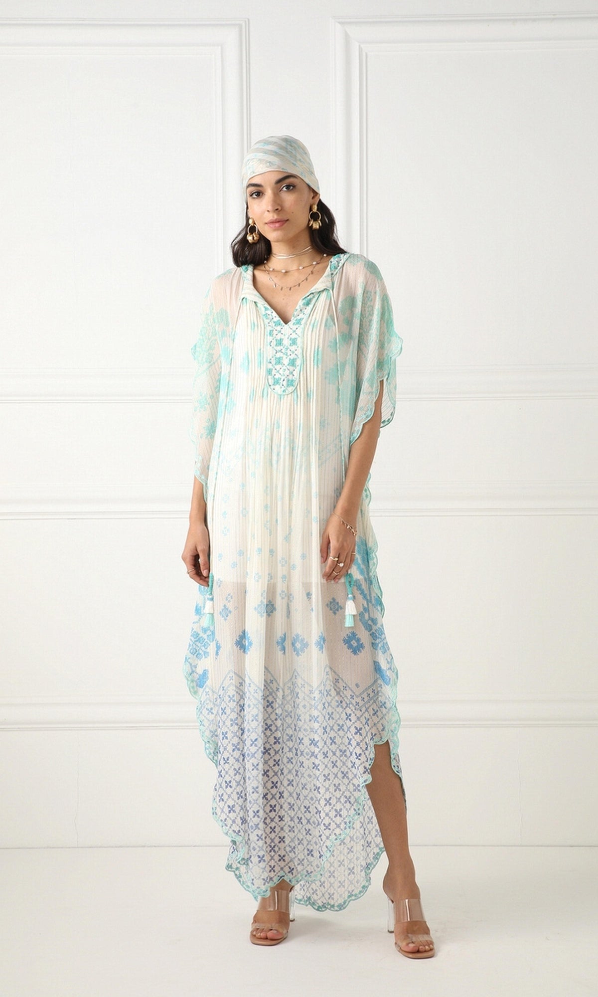 Womens | Jarun Viscose Gold Thin Stripe Lurex Georgette Kaftan | White Blue