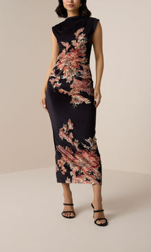 Womens | Johi Polyester Velvet Lycra Mock Neck Midi Dress | Black