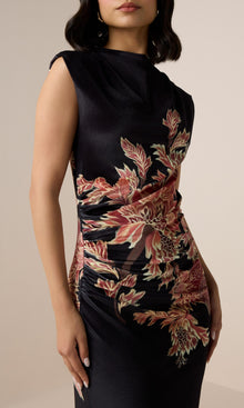 Womens | Johi Polyester Velvet Lycra Mock Neck Midi Dress | Black