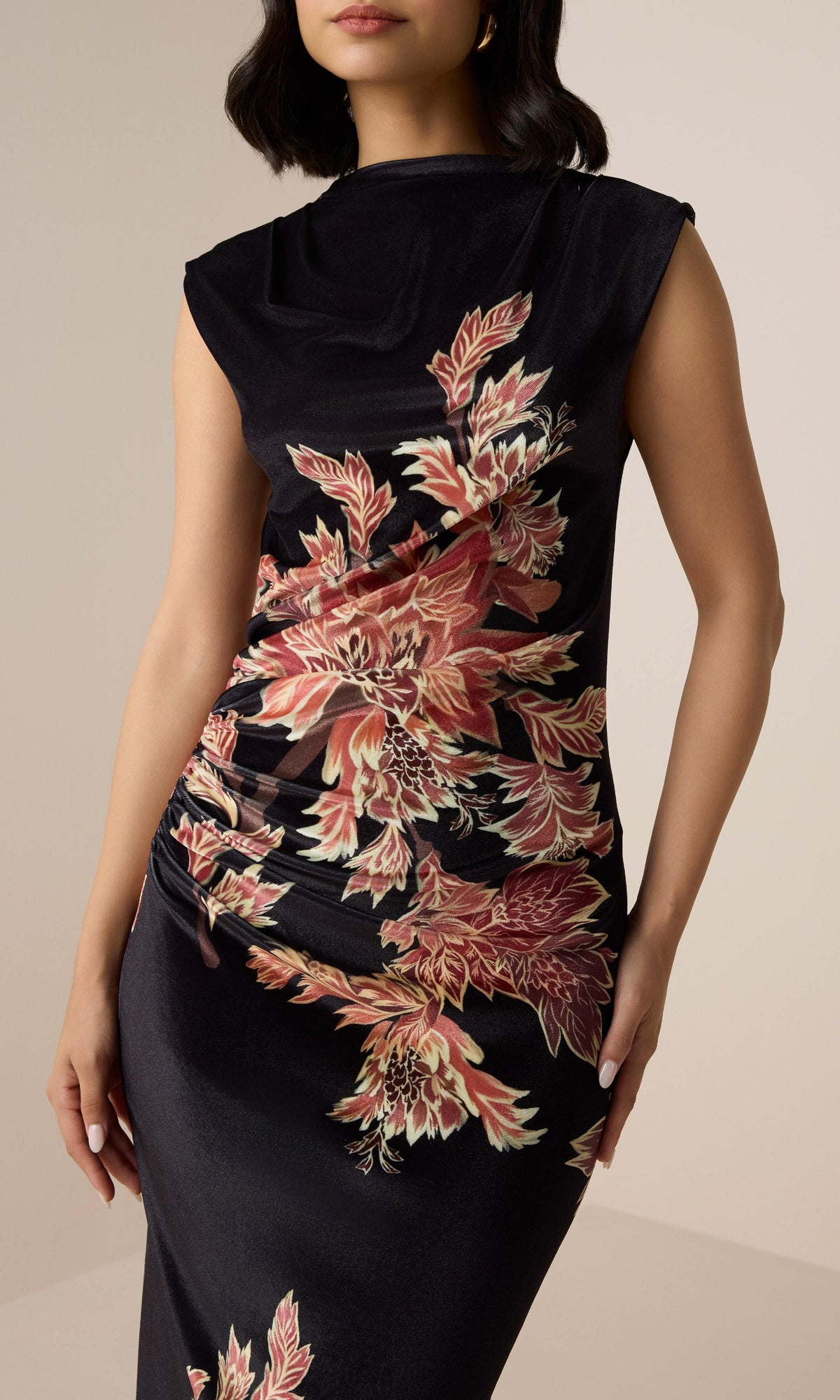 Womens | Johi Polyester Velvet Lycra Mock Neck Midi Dress | Black
