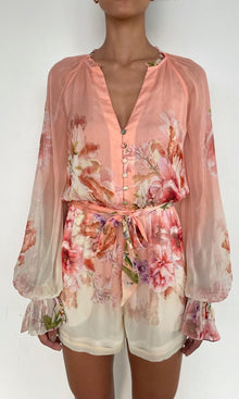 Hemant And Nandita | Kavi Viscose Crinkle Chiffon Romper With Tie Belt | Peach Pink