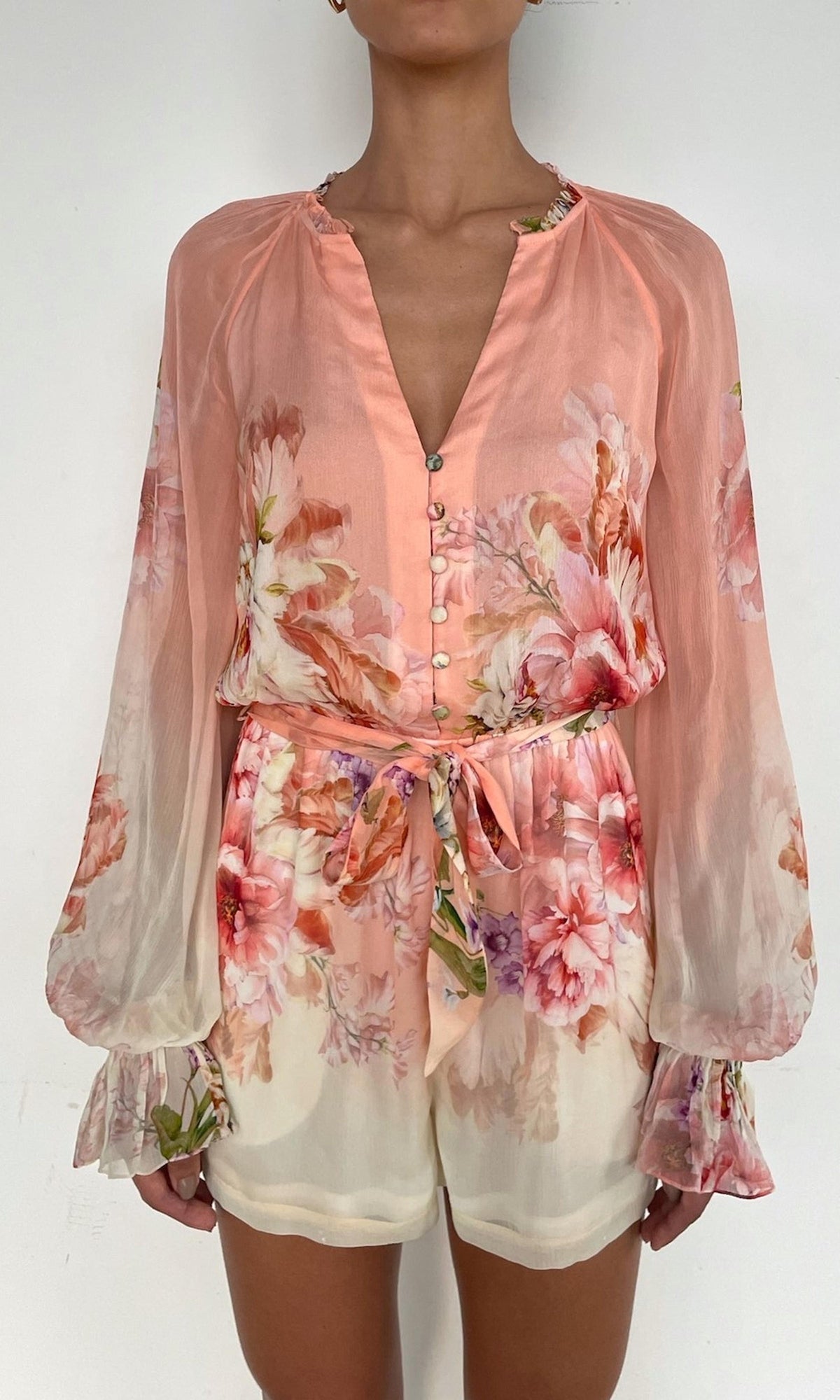Hemant And Nandita | Kavi Viscose Crinkle Chiffon Romper With Tie Belt | Peach Pink