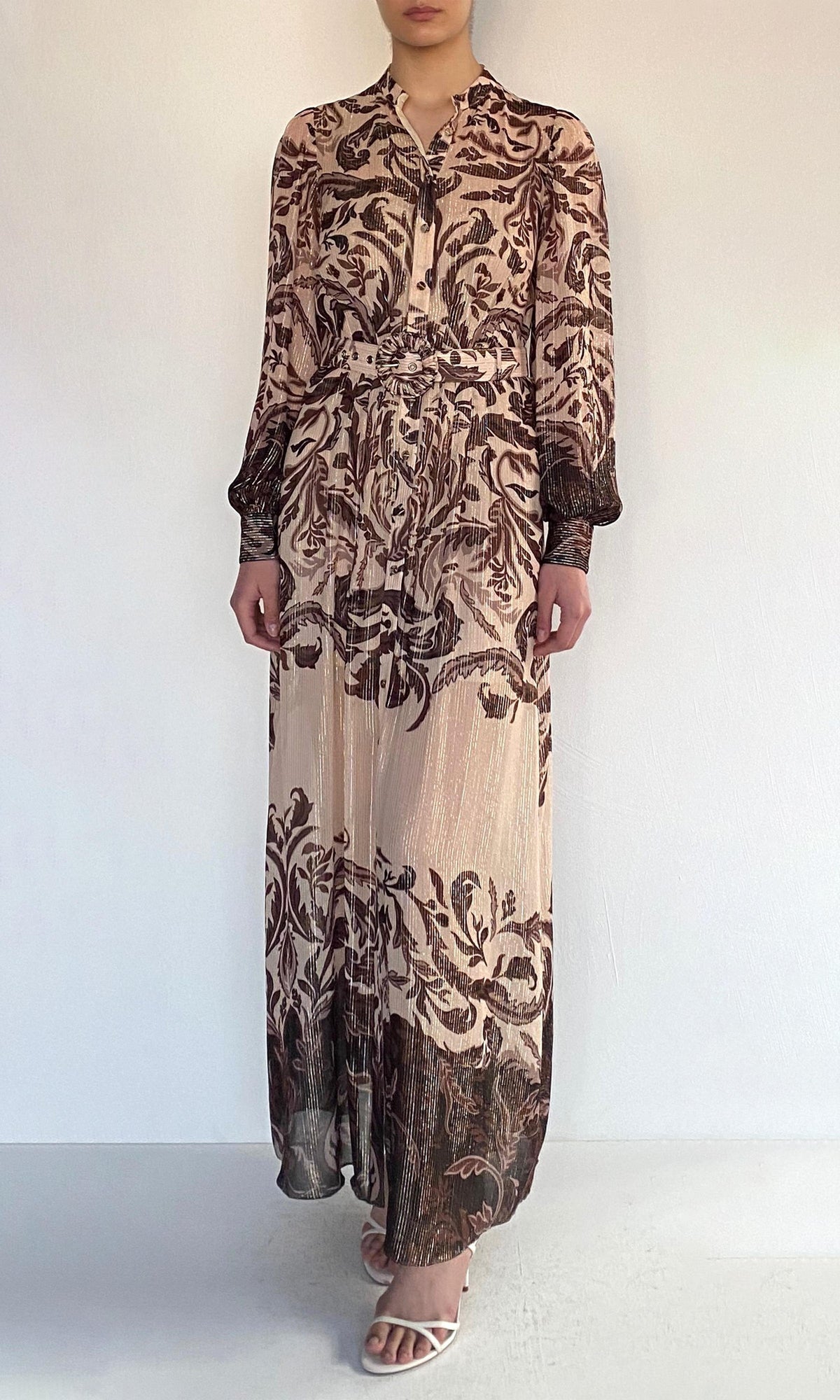 Womens | Lira Viscose Georgette Lurex Shirt Dress With Buckle Belt And Slip | Eggshell