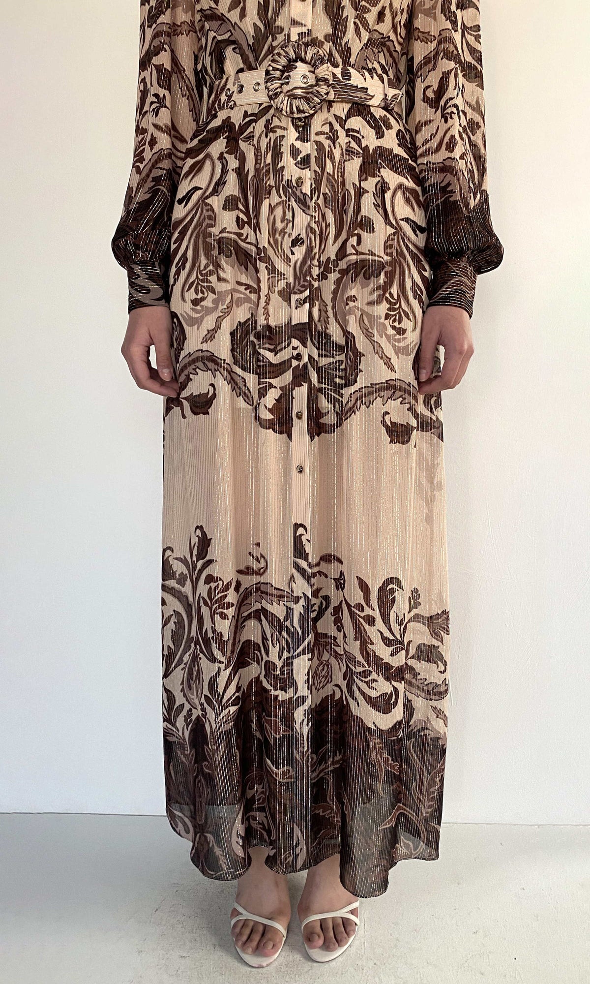 Womens | Lira Viscose Georgette Lurex Shirt Dress With Buckle Belt And Slip | Eggshell