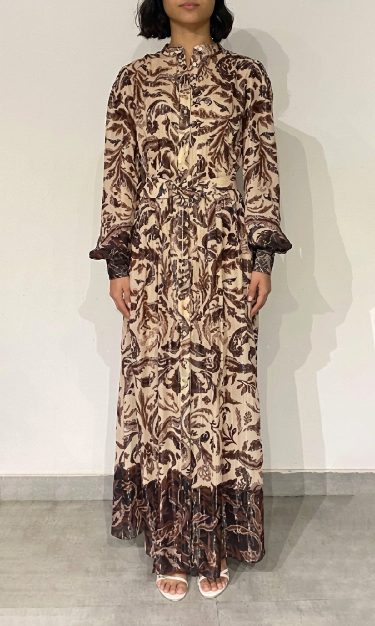 Hemant And Nandita | Lira Viscose Georgette-Gold Silver Lurex Stripe Shirt Dress | Eggshell