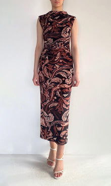 Hemant And Nandita | Lira Polyester Velvet Lycra Mock Neck Midi Dress | Brown