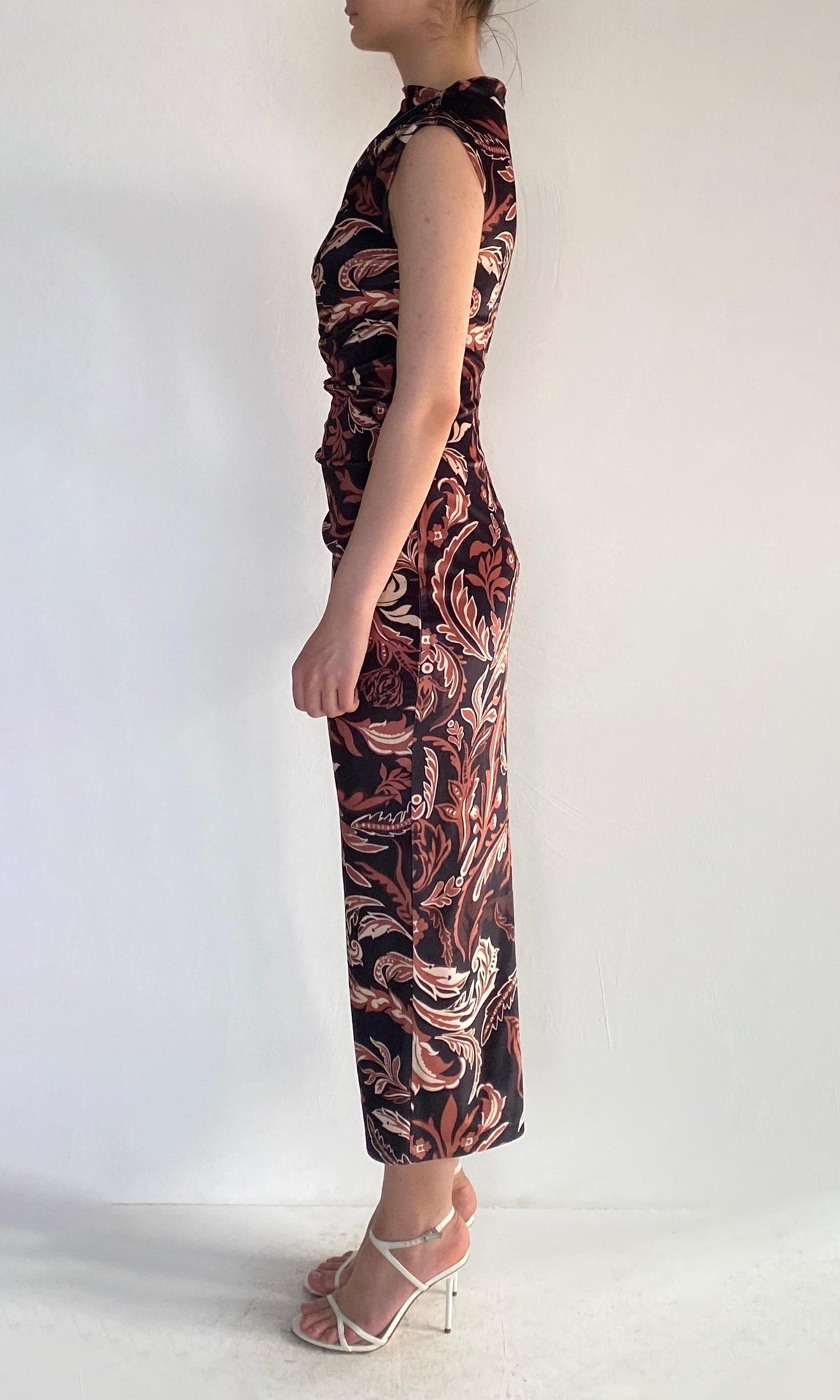 Hemant And Nandita | Lira Polyester Velvet Lycra Mock Neck Midi Dress | Brown