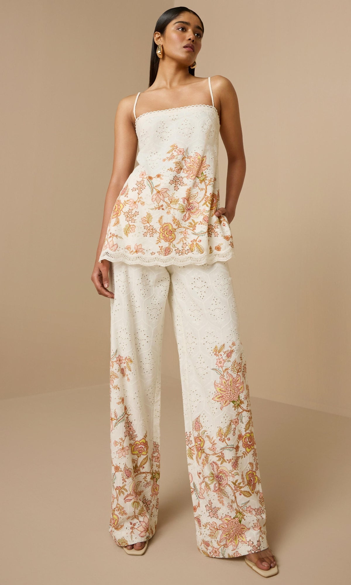 Hemant And Nandita | Niti Cotton Schiffli Straight Pants | White Floral