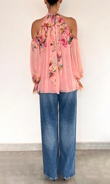 Hemant And Nandita | Niva Viscose Flat Chiffon Neck Tie Detail Top | Pink Floral