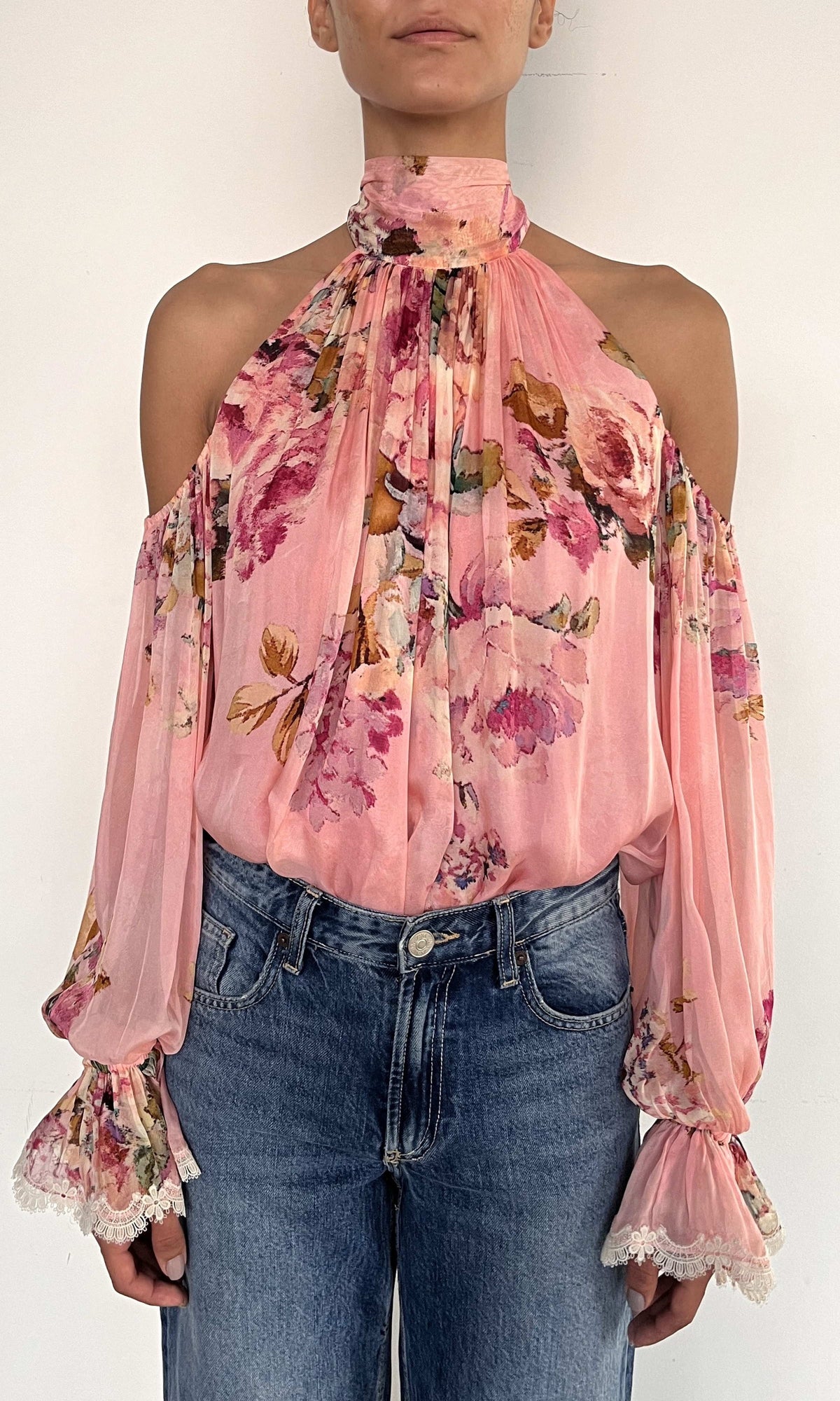 Hemant And Nandita | Niva Viscose Flat Chiffon Neck Tie Detail Top | Pink Floral