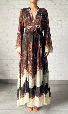Hemant And Nandita | Omya Viscose Chiffon Long Dress With Braided Belt | Brown Multi