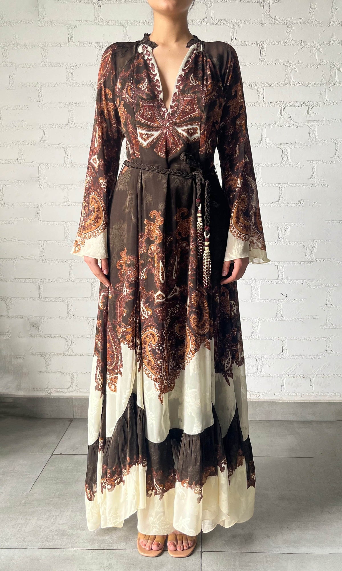 Hemant And Nandita | Omya Viscose Chiffon Long Dress With Braided Belt | Brown Multi