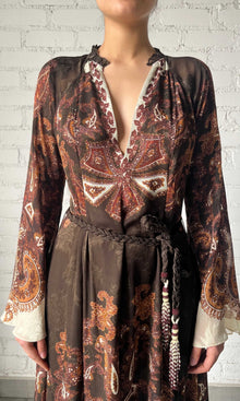 Hemant And Nandita | Omya Viscose Chiffon Long Dress With Braided Belt | Brown Multi