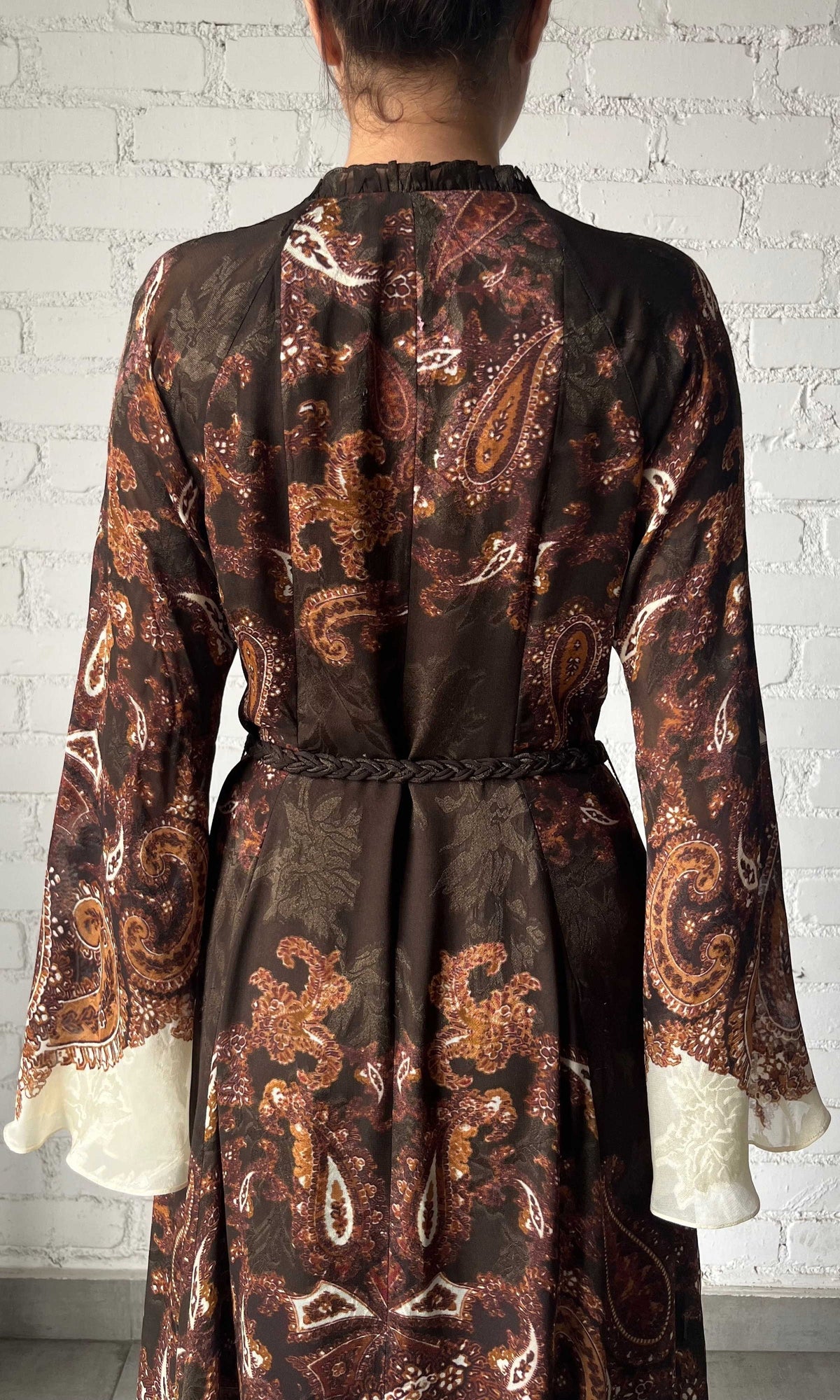 Hemant And Nandita | Omya Viscose Chiffon Long Dress With Braided Belt | Brown Multi
