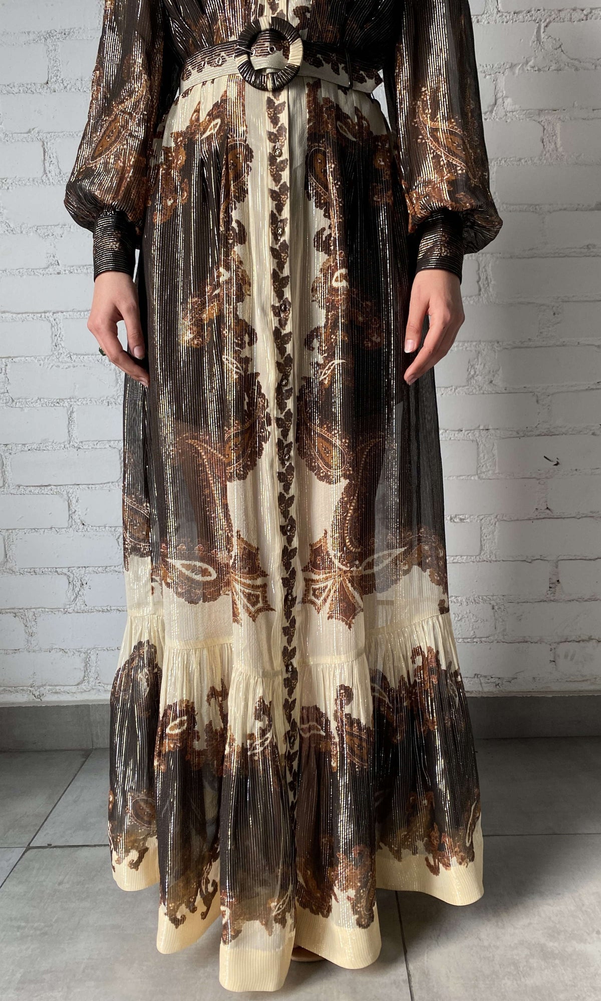 Hemant And Nandita | Omya Viscose Ggt Stripe Lurex Long Shirt Dress With Buckle Belt | Brown Multi
