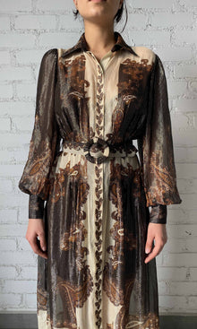 Hemant And Nandita | Omya Viscose Ggt Stripe Lurex Long Shirt Dress With Buckle Belt | Brown Multi