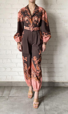 Womens | Omya Cotton Twill Jumpsuit With Buckle Belt | Brown Pink Multi