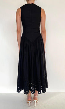 Hemant And Nandita | Rai Cotton Poplin Boat Neck Midi Dress | Black