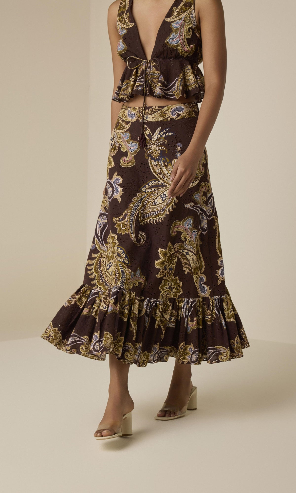 Hemant And Nandita | Reem Cotton Schiffli A-Line Ankle Length Skirt | Brown