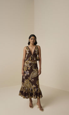 Hemant And Nandita | Reem Cotton Schiffli A-Line Ankle Length Skirt | Brown