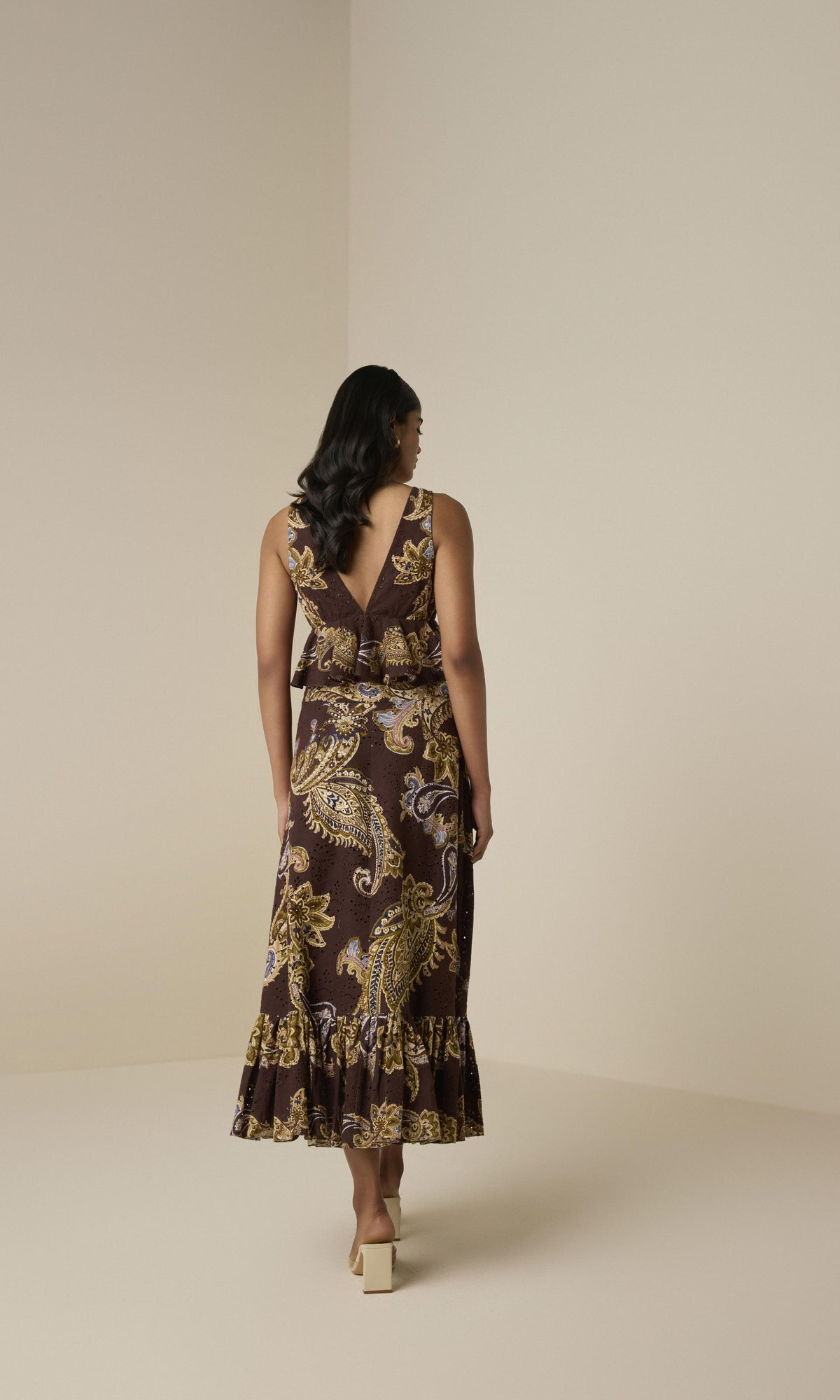 Hemant And Nandita | Reem Cotton Schiffli A-Line Ankle Length Skirt | Brown