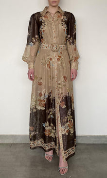 Hemant And Nandita | Rohi Gold Silver Lurex Stripe Shirt Dress With Buckle Belt | Brown Multi