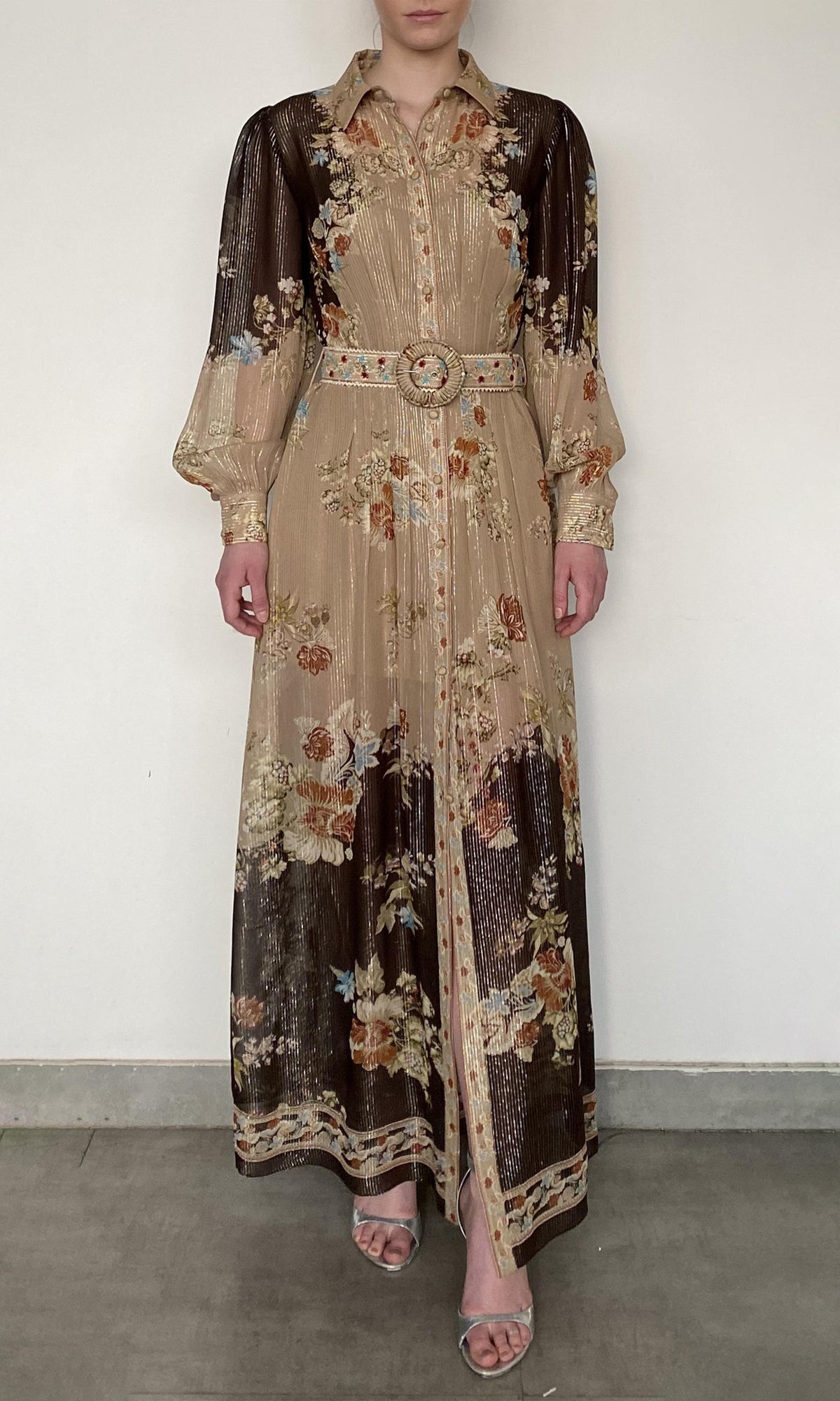 Hemant And Nandita | Rohi Gold Silver Lurex Stripe Shirt Dress With Buckle Belt | Brown Multi