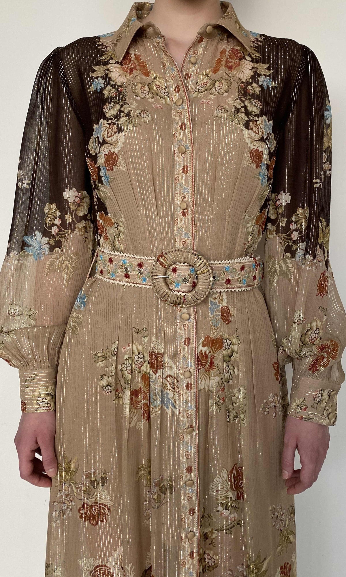 Hemant And Nandita | Rohi Gold Silver Lurex Stripe Shirt Dress With Buckle Belt | Brown Multi