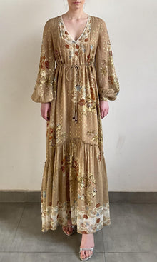 Hemant And Nandita | Rohi Viscose Georgette Gold Dobby Long Dress With Tie Up Tassels | Brown Multi