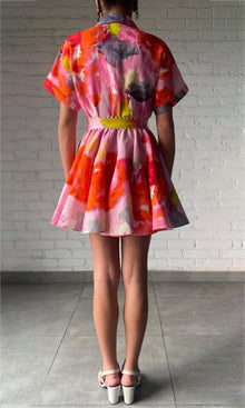 Hemant And Nandita | Rosa Linen Cotton Short Sleeve Short Dress With Buckle Belt | Pink Floral