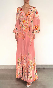 Hemant And Nandita | Saba Viscose Crepe Heavy Long Dress With Braided Belt | Peach Floral
