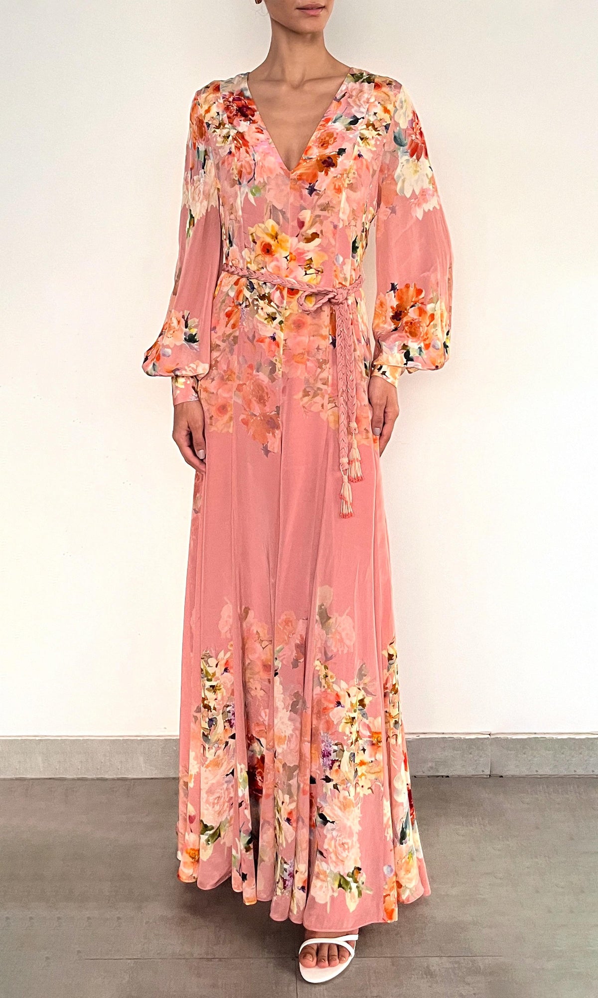 Hemant And Nandita | Saba Viscose Crepe Heavy Long Dress With Braided Belt | Peach Floral